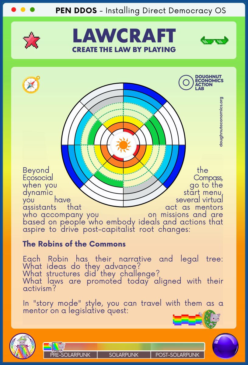 LAWCRAFT
CREATE THE LAW BY PLAYING

Beyond the Ecosocial Compass, when you go to the dynamic start menu, you have several virtual assistants that act as mentors who accompany you on missions and are based on people who embody ideals and actions that aspire to drive post-capitalist root changes:        

The Robins of the Commons                                          

Each Robin has their narrative and legal tree:
What ideas do they advance?                  
What structures did they challenge?               
What laws are promoted today aligned with their activism?

In "story mode" style, you can travel with them as a mentor on a legislative quest: