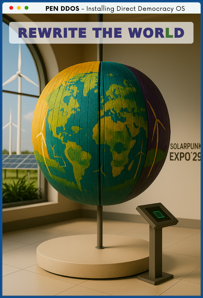 PEN DDOS - Installing Direct Democracy OS

REWRITE THE WORLD

SOLARPUNK EXPO'29