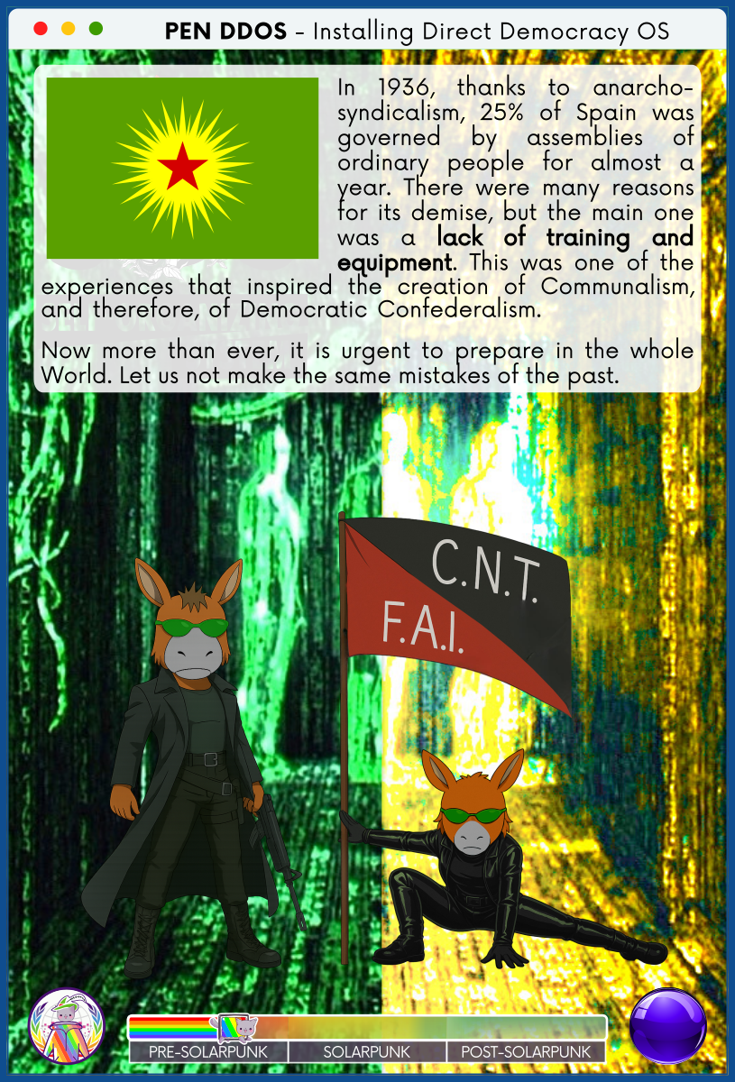 PEN DDOS - Installing Direct Democracy OS

In 1936, thanks to anarcho-syndicalism, 25% of Spain was governed by assemblies of ordinary people for almost a year. There were many reasons for its demise, but the main one was a lack of training and equipment. This was one of the experiences that inspired the creation of Communalism, and therefore, of Democratic Confederalism.                

Now more than ever, it is urgent to prepare in the whole World. Let us not make the same mistakes of the past.