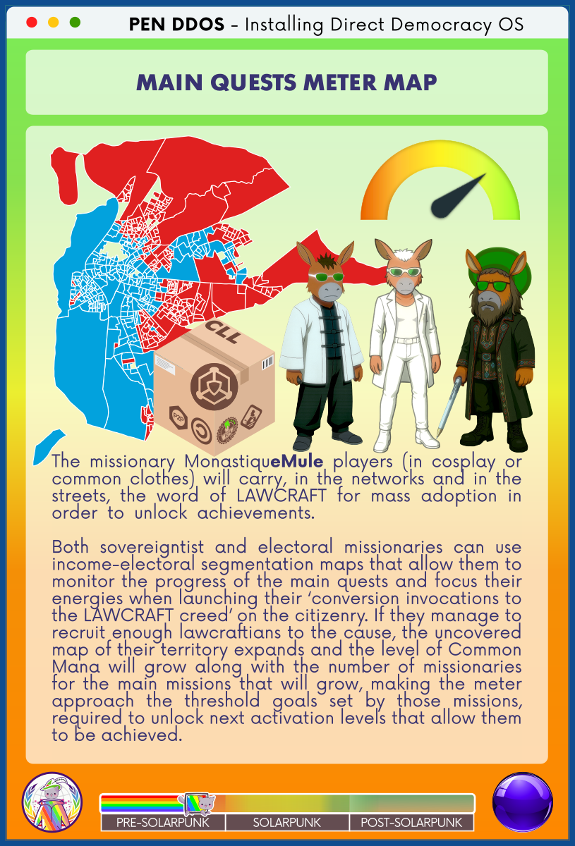 PEN DDOS - Installing Direct Democracy OS

MAIN QUESTS METER MAP

The missionary MonastiqueMule players (in cosplay or common clothes) will carry, in the networks and in the streets, the word of LAWCRAFT for mass adoption in order to unlock achievements.                     

Both sovereigntist and electoral missionaries can use income-electoral segmentation maps that allow them to monitor the progress of the main quests and focus their energies when launching their ‘conversion invocations to the LAWCRAFT creed’ on the citizenry. If they manage to recruit enough lawcraftians to the cause, the uncovered map of their territory expands and the level of Common Mana will grow along with the number of missionaries for the main missions that will grow, making the meter approach the threshold goals set by those missions, required to unlock next activation levels that allow them to be achieved.