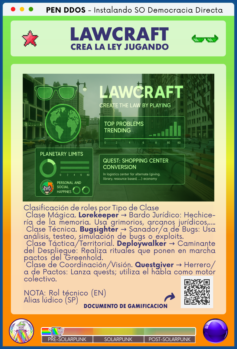 PEN DDOS - Instalando SO Democracia Directa

LAWCRAFT - CREA LA LEY JUGANDO

Clasificación de roles por Tipo de Clase                                    
 Clase Mágica. Lorekeeper → Bardo Jurídico: Hechicería de la memoria. Usa grimorios, arcanos jurídicos,….
 Clase Técnica. Bugsighter → Sanador/a de Bugs: Usa análisis, testeo, simulación de bugs o exploits.           
 Clase Táctica/Territorial. Deploywalker → Caminante del Despliegue: Realiza rituales que ponen en marcha pactos del Greenhold.                                  
 Clase de Coordinación/Visión. Questgiver → Herrero/a de Pactos: Lanza quests; utiliza el habla como motor colectivo. 

NOTA: Rol técnico (EN)                                      
Alias lúdico (SP)

DOCUMENTO DE GAMIFICACION